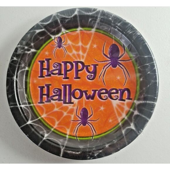 32 Halloween Paper Plates in Original Packaging Amscan Spider Web 7 inch Dessert - Picture 2 of 7